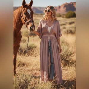 Boutique FAVLUX Lace Duster Kimono Coverup Dark Mauve Size M